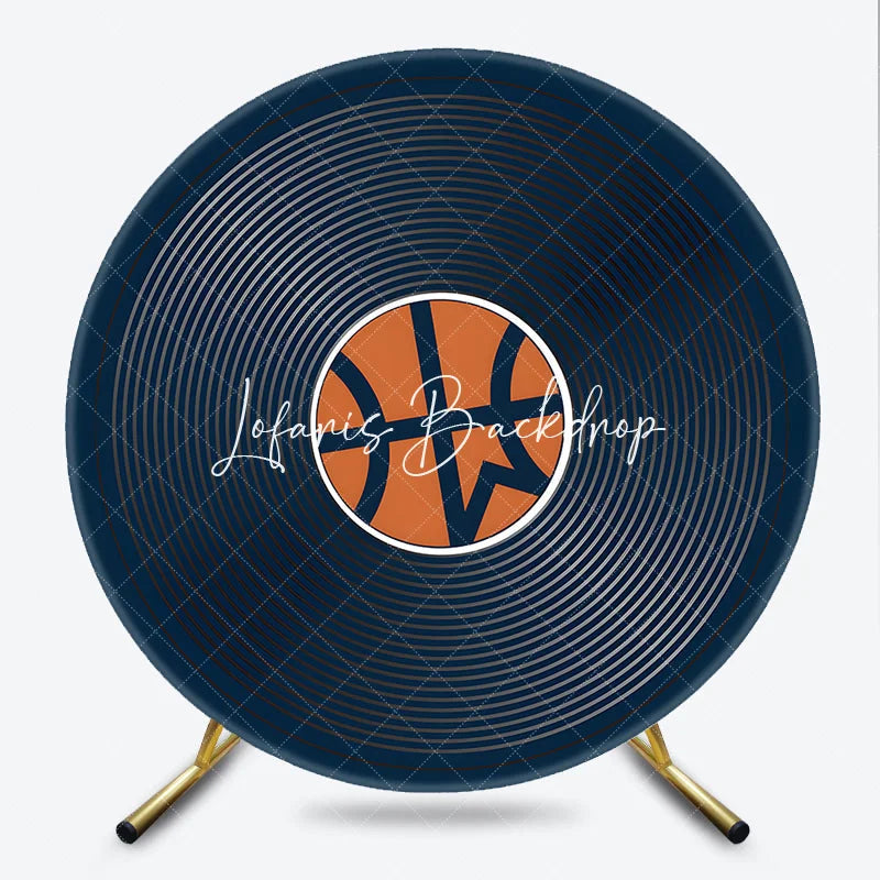 Lofaris Dark Blue Basketball Theme Round Backdrop featuring an Orange Ball and Concentric Circles for Sports Party