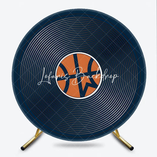 Lofaris Dark Blue Basketball Theme Round Backdrop featuring an Orange Ball and Concentric Circles for Sports Party