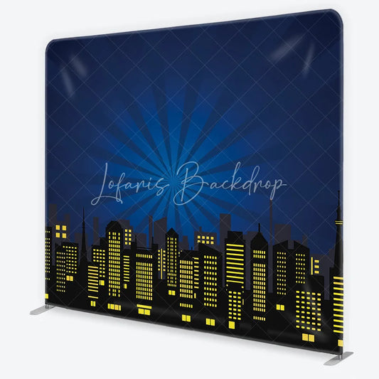 Lofaris Dark Blue City Skyline Square Double-Sided Backdrop with Yellow Illuminated Windows Superhero Theme Party Decor