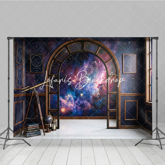 Lofaris Dark Blue Cosmic Galaxy Photography Backdrop Elegant Arched Window with Vintage Telescope and Books