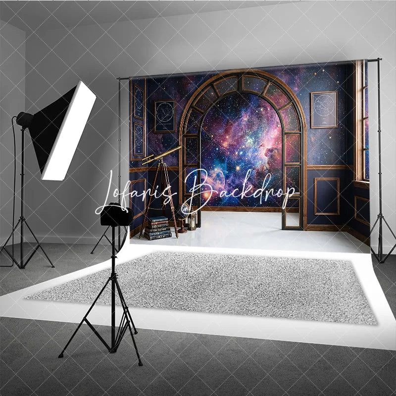 Lofaris Dark Blue Cosmic Galaxy Photography Backdrop Elegant Arched Window with Vintage Telescope and Books