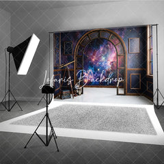 Lofaris Dark Blue Cosmic Galaxy Photography Backdrop Elegant Arched Window with Vintage Telescope and Books