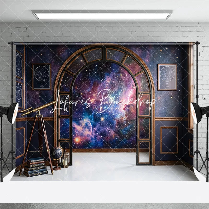 Lofaris Dark Blue Cosmic Galaxy Photography Backdrop Elegant Arched Window with Vintage Telescope and Books