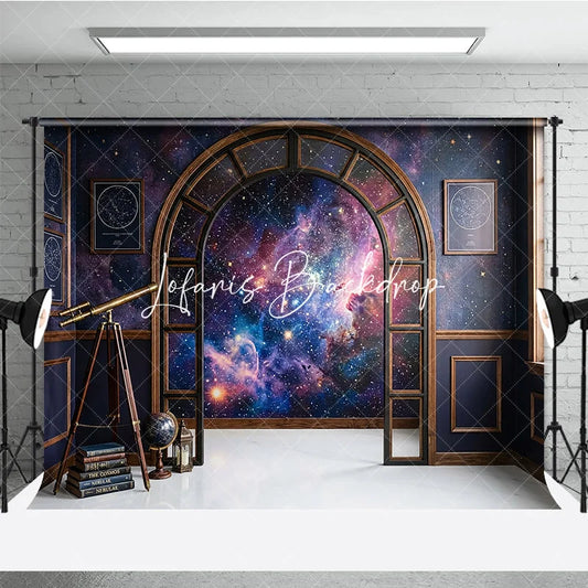 Lofaris Dark Blue Cosmic Galaxy Photography Backdrop Elegant Arched Window with Vintage Telescope and Books