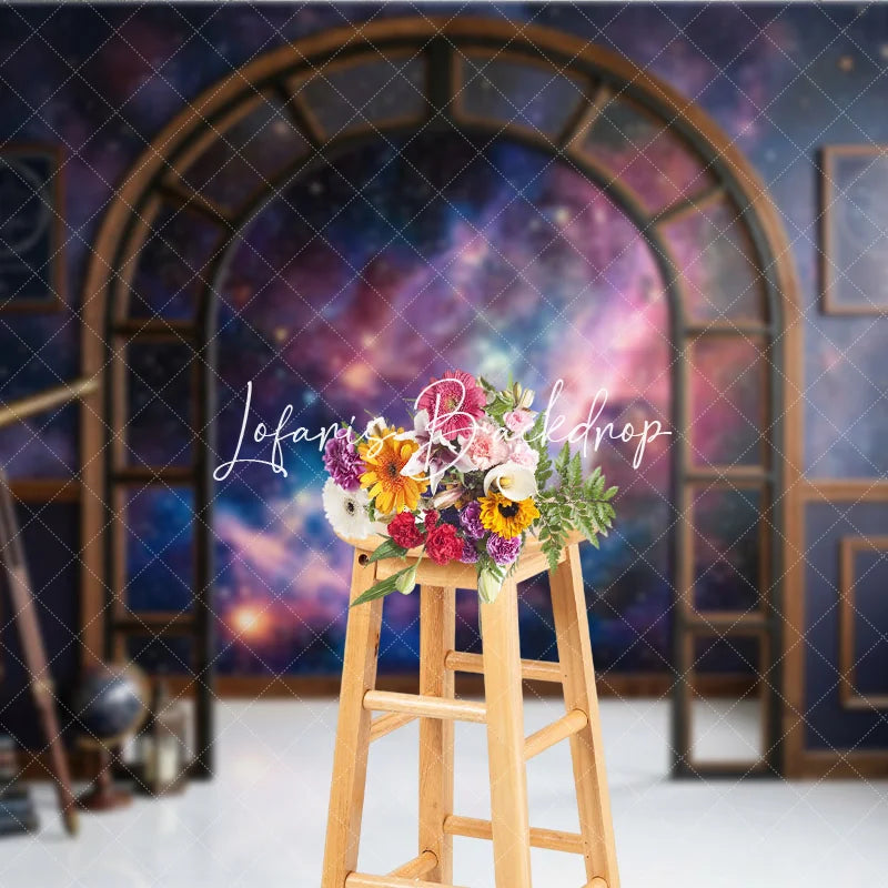 Lofaris Dark Blue Cosmic Galaxy Photography Backdrop Elegant Arched Window with Vintage Telescope and Books