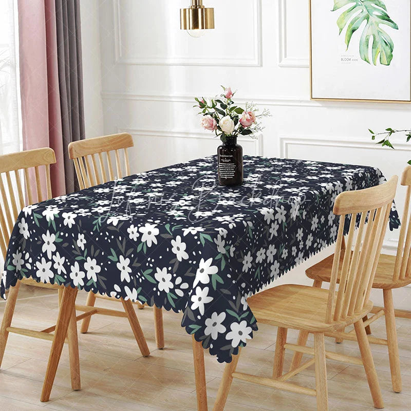 Lofaris Dark Blue Daisy Floral Rectangle Tablecloth White Flower Botanical Dining Table Cover for Kitchen