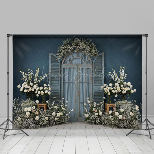 Lofaris Dark Blue Floral Wooden Window Photography Backdrop