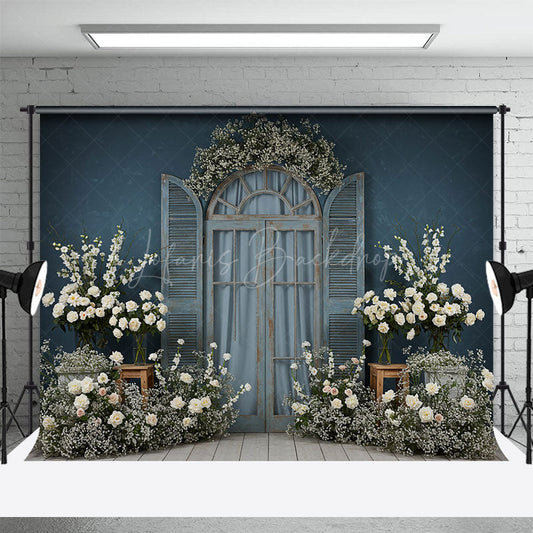 Lofaris Dark Blue Floral Wooden Window Photography Backdrop