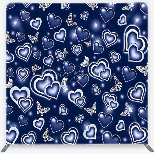 Lofaris Dark Blue Glowing Hearts and White Butterflies Square Double-Sided Backdrop Romantic Dreamy Decor
