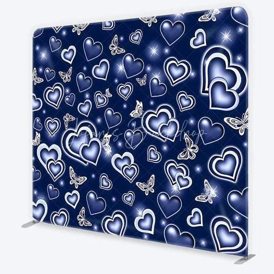 Lofaris Dark Blue Glowing Hearts and White Butterflies Square Double-Sided Backdrop Romantic Dreamy Decor