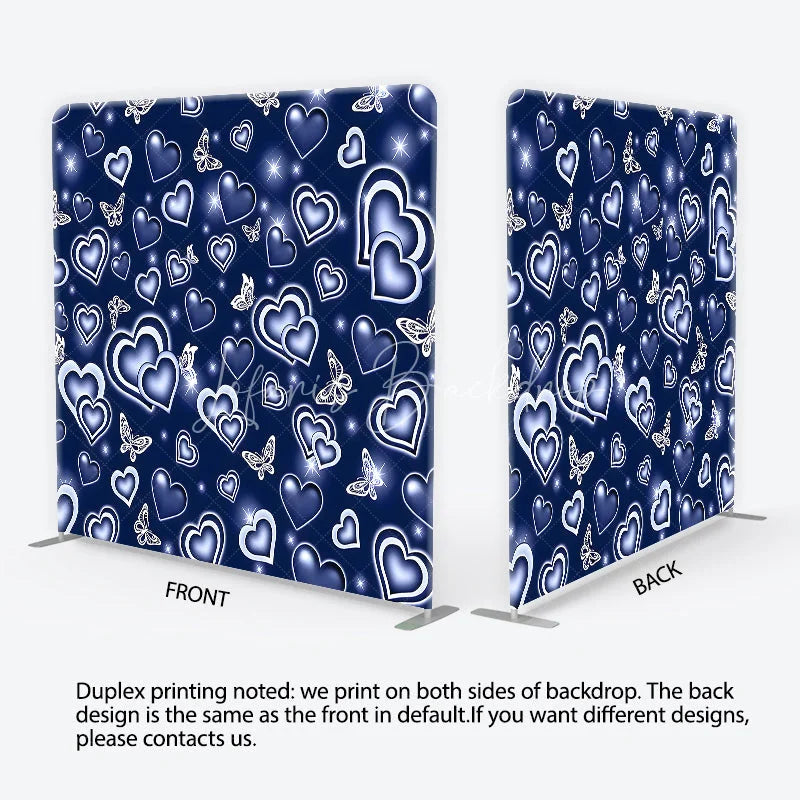 Lofaris Dark Blue Glowing Hearts and White Butterflies Square Double-Sided Backdrop Romantic Dreamy Decor