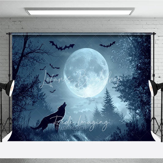 Lofaris Dark Blue Misty Forest Holiday Backdrop with Full Moon Howling Wolf and Flying Bats for Spooky Night Party