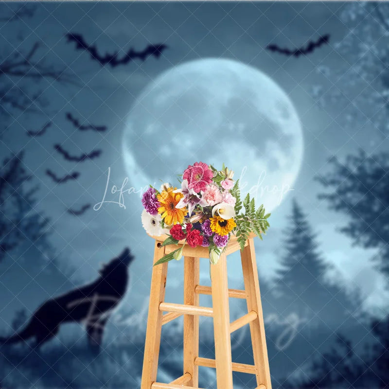 Lofaris Dark Blue Misty Forest Holiday Backdrop with Full Moon Howling Wolf and Flying Bats for Spooky Night Party