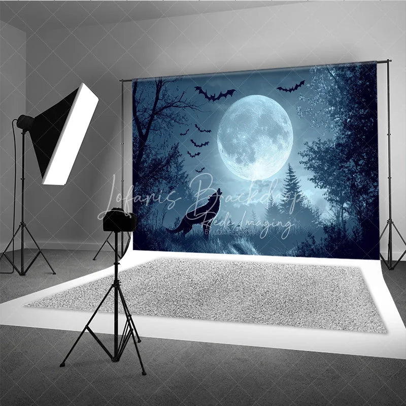 Lofaris Dark Blue Misty Forest Holiday Backdrop with Full Moon Howling Wolf and Flying Bats for Spooky Night Party