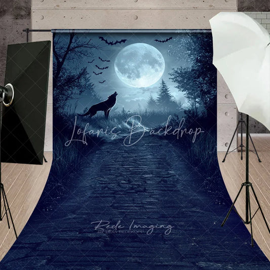 Lofaris Dark Blue Mysterious Wolf Howling Full Moon Forest Path Sweep Backdrop Eerie Gothic Halloween Fantasy Decor