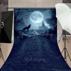 Lofaris Dark Blue Mysterious Wolf Howling Full Moon Forest Path Sweep Backdrop Eerie Gothic Halloween Fantasy Decor