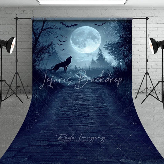 Lofaris Dark Blue Mysterious Wolf Howling Full Moon Forest Path Sweep Backdrop Eerie Gothic Halloween Fantasy Decor