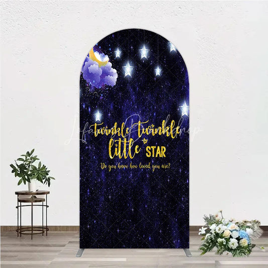 Lofaris Dark Blue Night Sky Twinkle Little Star Round Top Arch Backdrop Golden Moon and Stars Baby Shower Party Decor