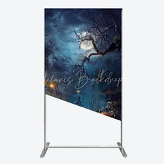 Lofaris Dark Blue Spooky Halloween Night Rectangle Arch Backdrop Featuring Jack-o’-lanterns Bats and a Full Moon