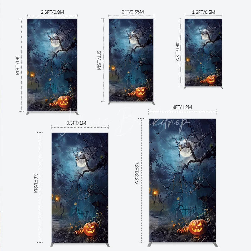 Lofaris Dark Blue Spooky Halloween Night Rectangle Arch Backdrop Featuring Jack-o’-lanterns Bats and a Full Moon