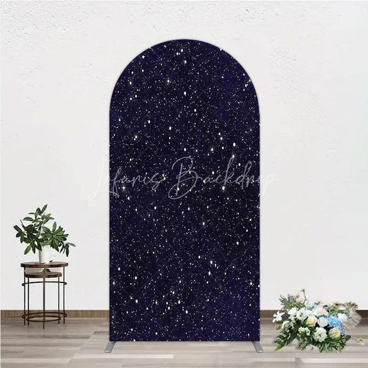 Lofaris Dark Blue Starry Night Round Top Arch Backdrop Elegant White Glitter Galaxy Theme Party Decor