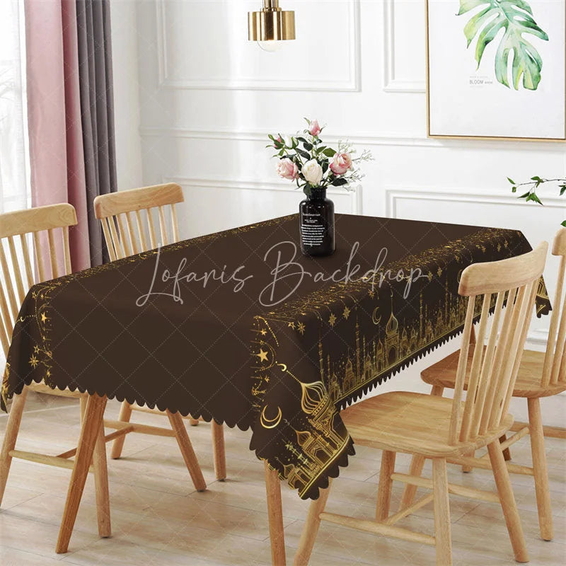 Lofaris Dark Brown and Gold Ramadan Rectangle Tablecloth Glitter Mosque Silhouette Islamic Table Cover
