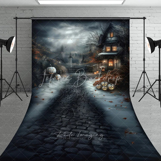 Lofaris Dark Enchanted Halloween Village Cobblestone Path Sweep Backdrop Spooky Jack-o’-Lanterns and String Lights