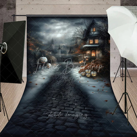 Lofaris Dark Enchanted Halloween Village Cobblestone Path Sweep Backdrop Spooky Jack-o’-Lanterns and String Lights