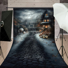 Lofaris Dark Enchanted Halloween Village Cobblestone Path Sweep Backdrop Spooky Jack-o’-Lanterns and String Lights