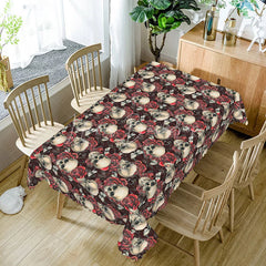 Lofaris Dark Floral Skull Rectangle Tablecloth Dense Skeleton and Rose Pattern Gothic Halloween Dining Decor
