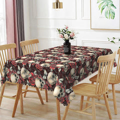 Lofaris Dark Floral Skull Rectangle Tablecloth Dense Skeleton and Rose Pattern Gothic Halloween Dining Decor