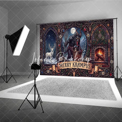 Lofaris Dark Folklore Krampus and Stag with Fireplace Gothic Stained Glass Holiday Backdrop Merry Winter Celebration