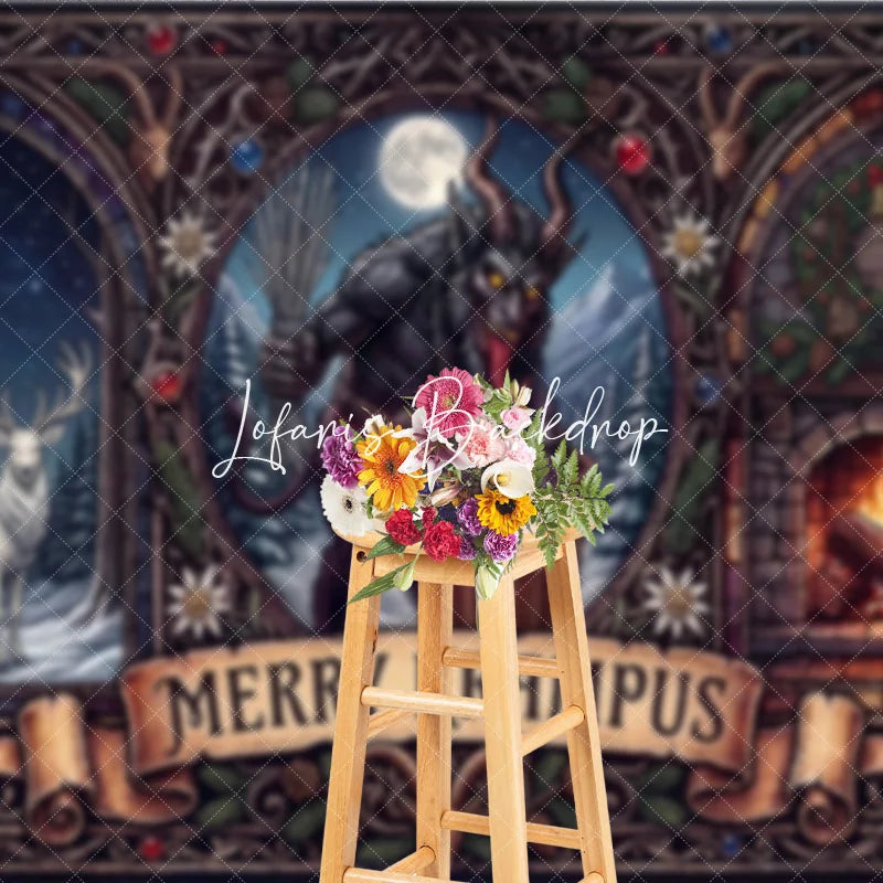 Lofaris Dark Folklore Krampus and Stag with Fireplace Gothic Stained Glass Holiday Backdrop Merry Winter Celebration