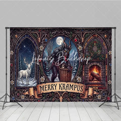 Lofaris Dark Folklore Krampus and Stag with Fireplace Gothic Stained Glass Holiday Backdrop Merry Winter Celebration