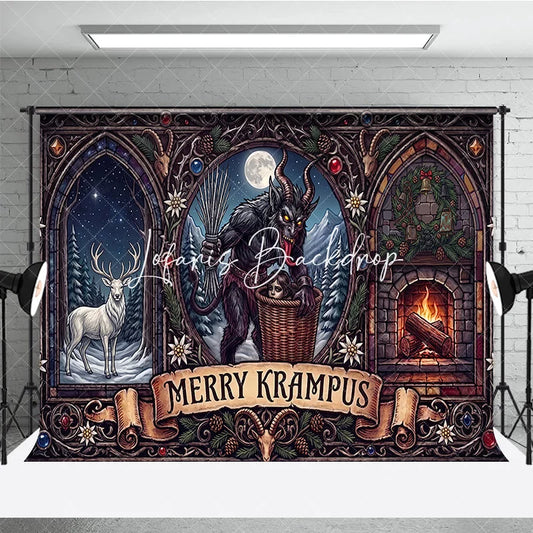 Lofaris Dark Folklore Krampus and Stag with Fireplace Gothic Stained Glass Holiday Backdrop Merry Winter Celebration