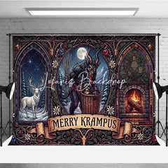 Lofaris Dark Folklore Krampus and Stag with Fireplace Gothic Stained Glass Holiday Backdrop Merry Winter Celebration