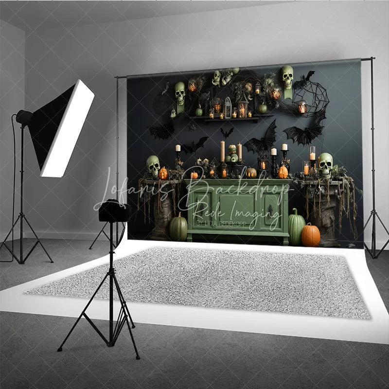 Lofaris Dark Gothic Halloween Backdrop with Skulls Pumpkins and Bats Spooky Candlelit Lanterns Spiderwebs Decor