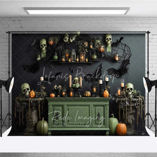 Lofaris Dark Gothic Halloween Backdrop with Skulls Pumpkins and Bats Spooky Candlelit Lanterns Spiderwebs Decor