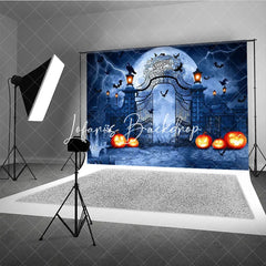 Lofaris Dark Gothic Halloween Holiday Backdrop Spooky Gate with Full Moon Lightning Bats and Jack-o’-Lanterns