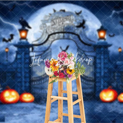 Lofaris Dark Gothic Halloween Holiday Backdrop Spooky Gate with Full Moon Lightning Bats and Jack-o’-Lanterns