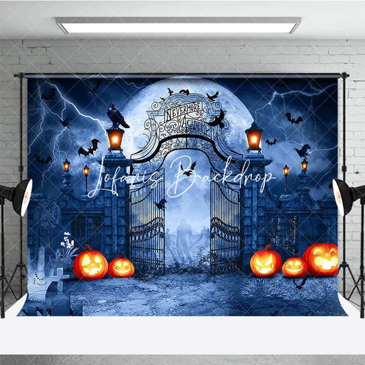 Lofaris Dark Gothic Halloween Holiday Backdrop Spooky Gate with Full Moon Lightning Bats and Jack-o’-Lanterns