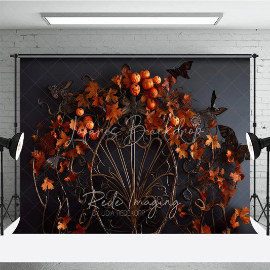 Lofaris Dark Gothic Ornate Metalwork Photography Backdrop with Autumn Leaves Pumpkins and Moths for Fall Halloween