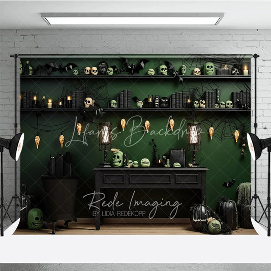 Lofaris Dark Green and Black Spooky Halloween Holiday Backdrop with Skulls Bats Spiderwebs Pumpkins Decor