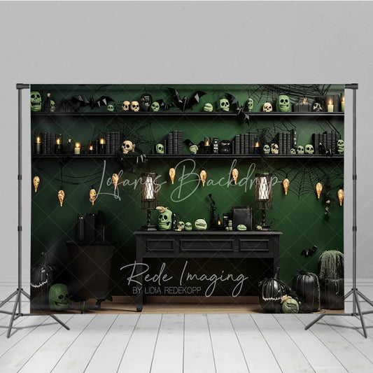 Lofaris Dark Green and Black Spooky Halloween Holiday Backdrop with Skulls Bats Spiderwebs Pumpkins Decor