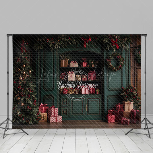 Lofaris Dark Green Cabinet With Red Gift Box Xmas Backdrop