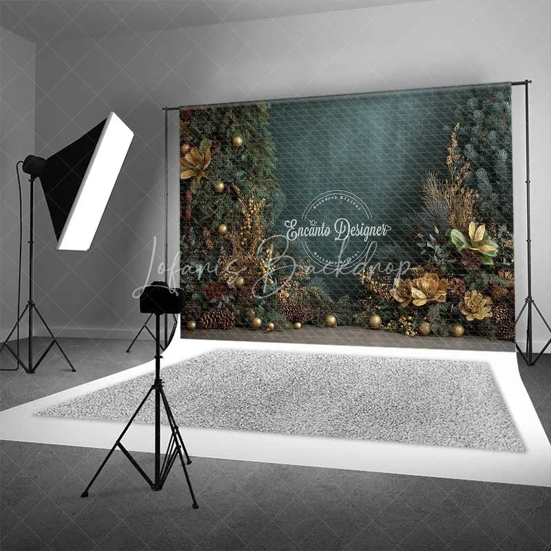 Lofaris Dark Green Christmas Backdrop Gold Ornament Pine Cone Floral Photography Background