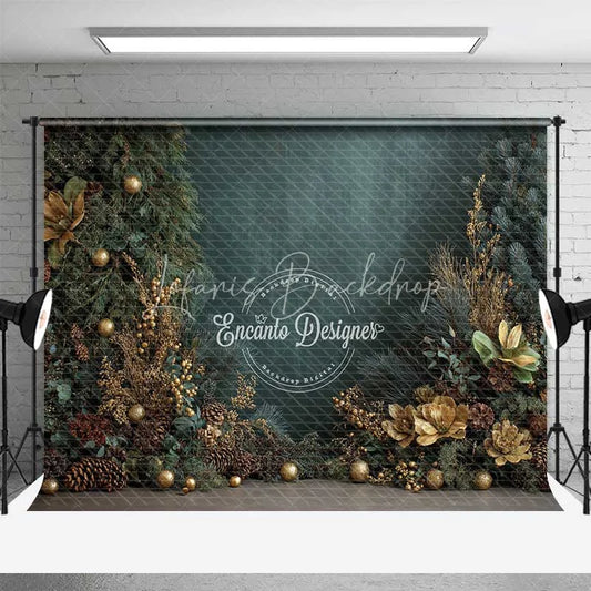 Lofaris Dark Green Christmas Backdrop Gold Ornament Pine Cone Floral Photography Background