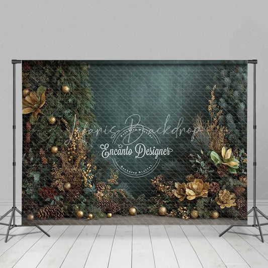 Lofaris Dark Green Christmas Backdrop Gold Ornament Pine Cone Floral Photography Background