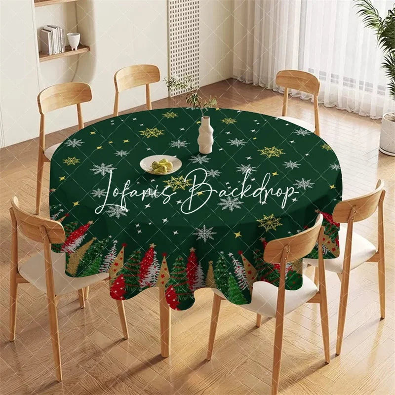 Lofaris Dark Green Christmas Tree and Snowflake Pattern Round Tablecloth Festive Holiday Winter Party Decor