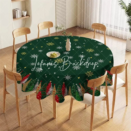 Lofaris Dark Green Christmas Tree and Snowflake Pattern Round Tablecloth Festive Holiday Winter Party Decor